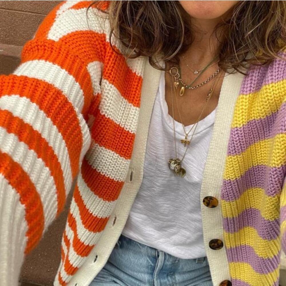Staud Essex Colorblock Striped Cardigan Cabana Stripe Size XS Button Up - Picture 2 of 11
